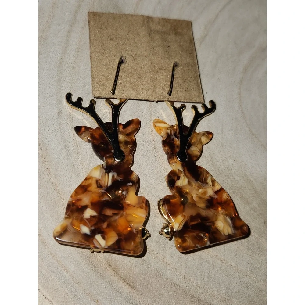 INC Christmas Reindeer Drop Earrings Gold Tone Jeweled Stone Holiday Dangle
